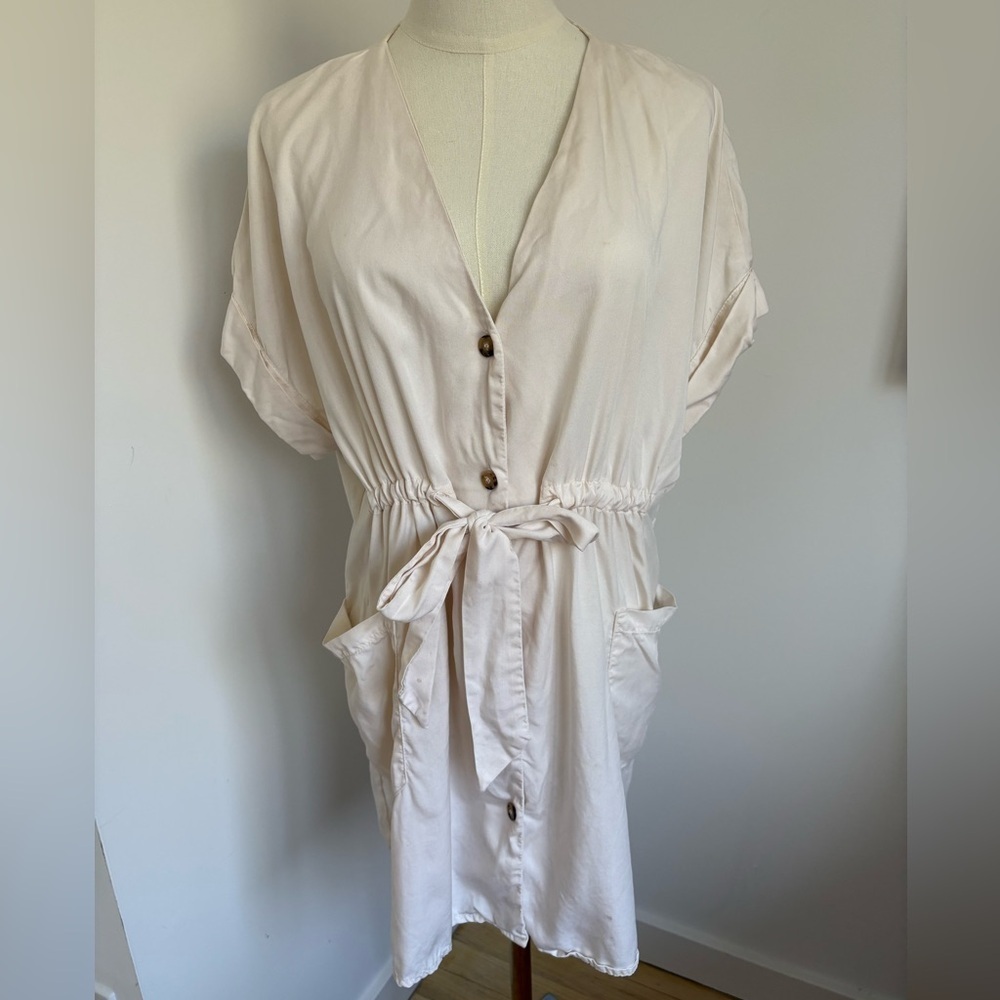 Zara Cream Button-Down Dress with Tie Waist